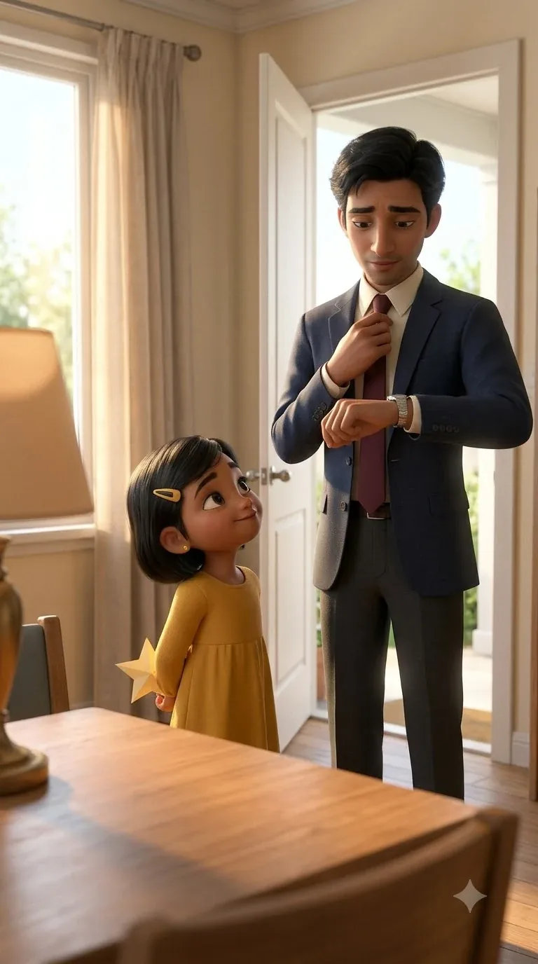 Arun checks his watch as Mira hides a folded paper star behind her back in the doorway.