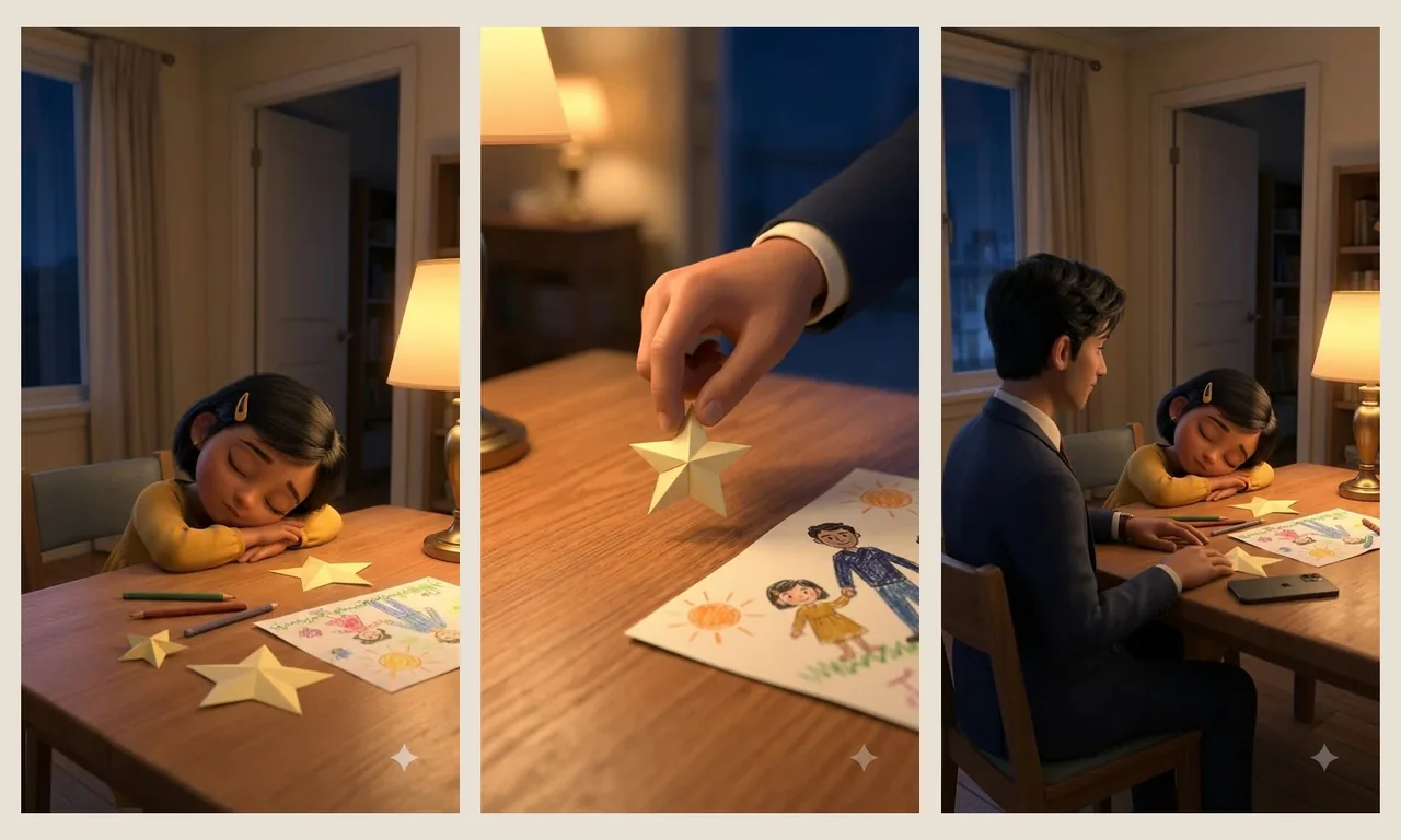 Three portrait keyframes show Mira asleep at the table, Arun’s hand placing a paper star beside a drawing, and Arun sitting beside her.