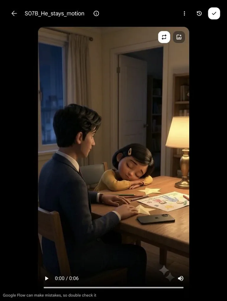 Google Flow’s clip viewer displays the final six-second shot of the father sitting beside his sleeping daughter.